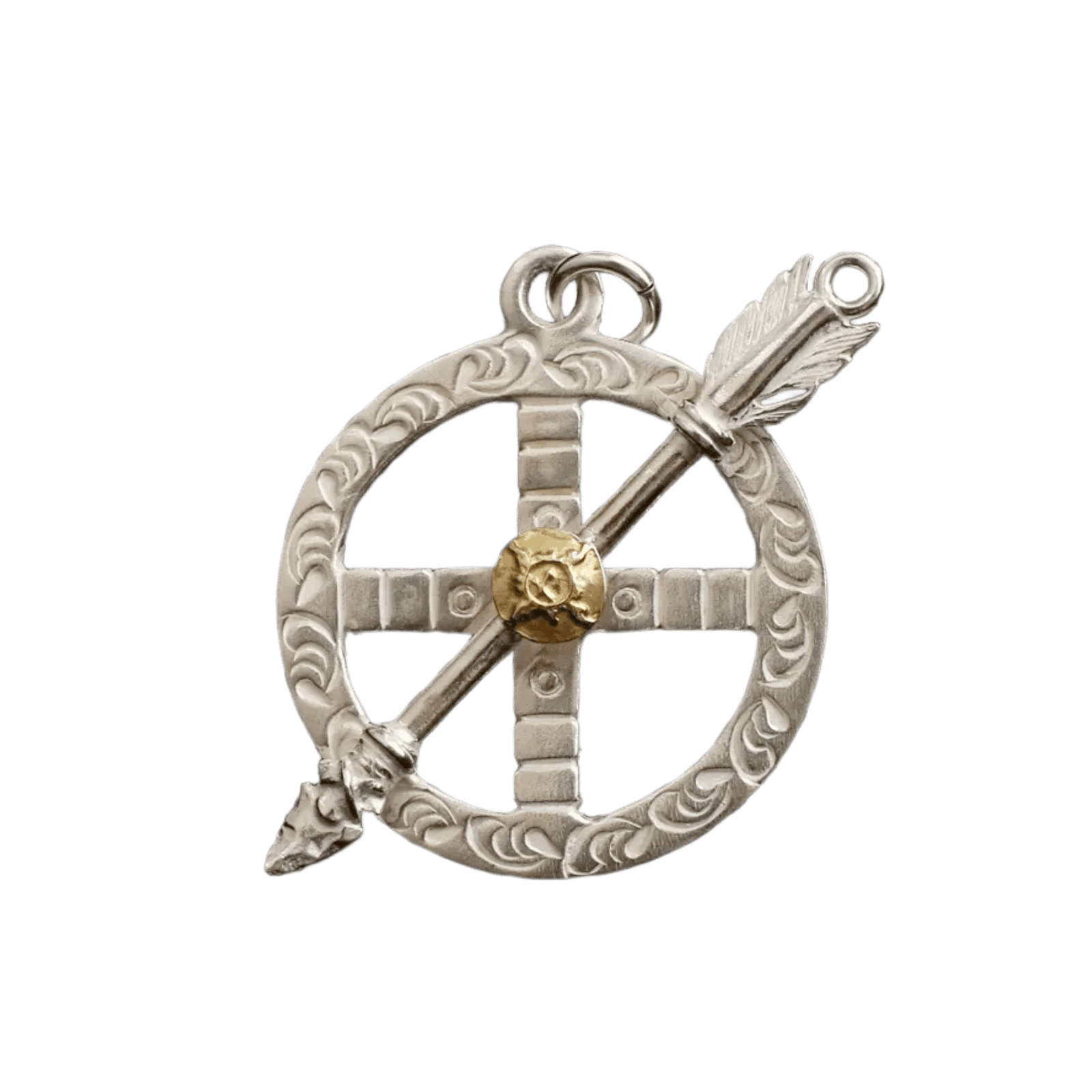 First Arrow's Medicine Wheel Metal Pendant with Arrow and K18 Sunburst Emblem