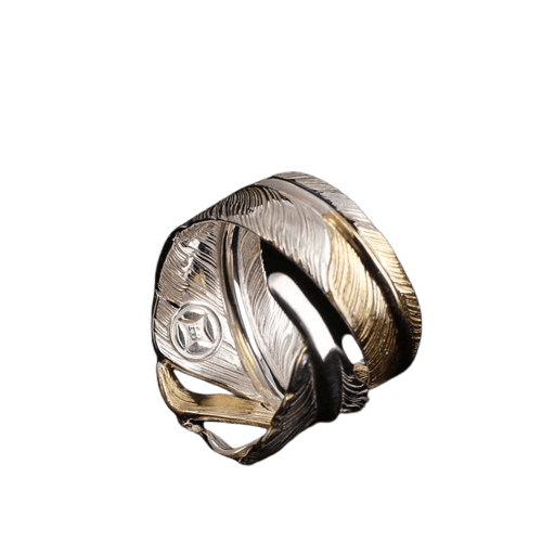 Horizon Blue Wide Feather Ring/Point Gold - Native Feather