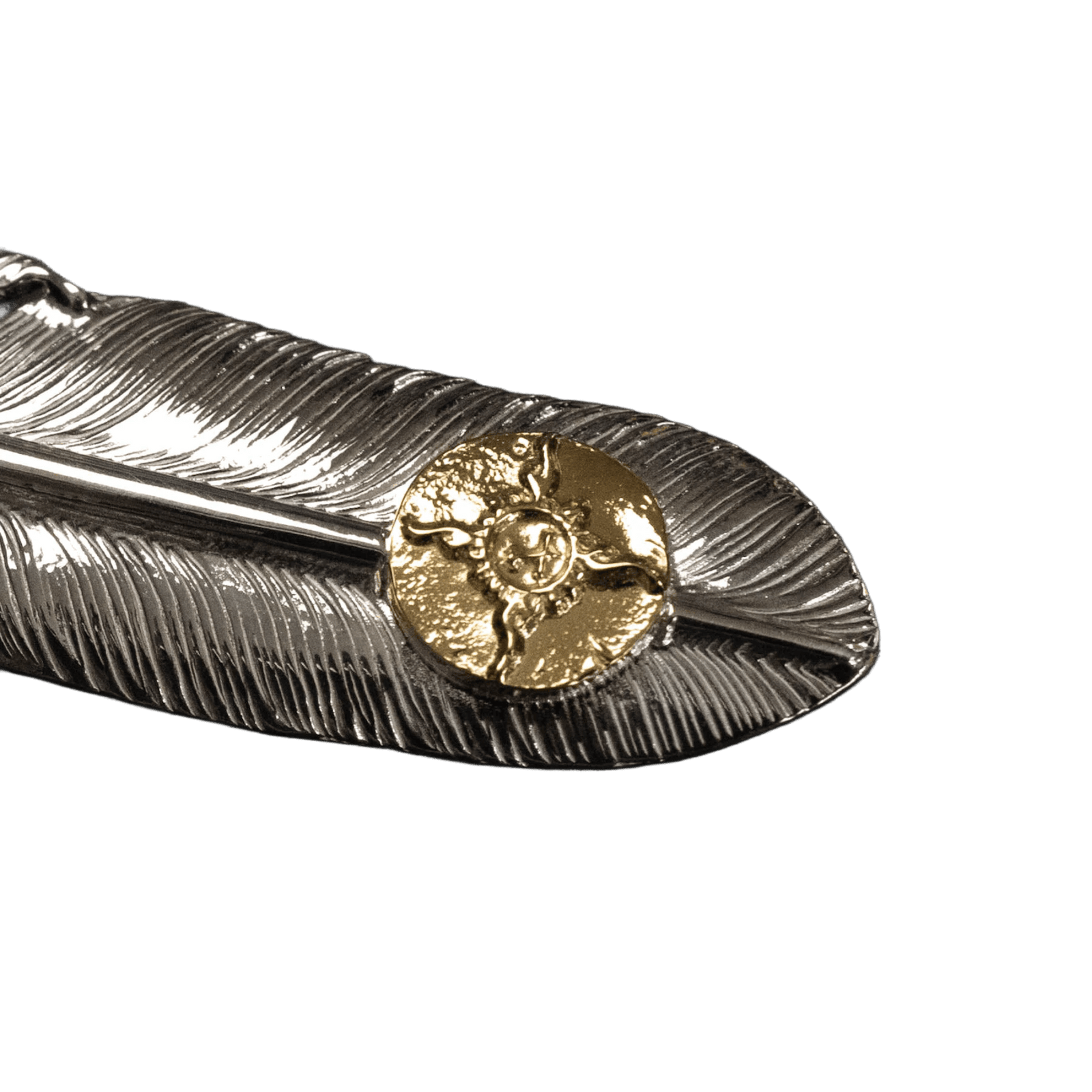 First-Arrow&#39;s Large Silver Feather With 18k Sunburst Emblem