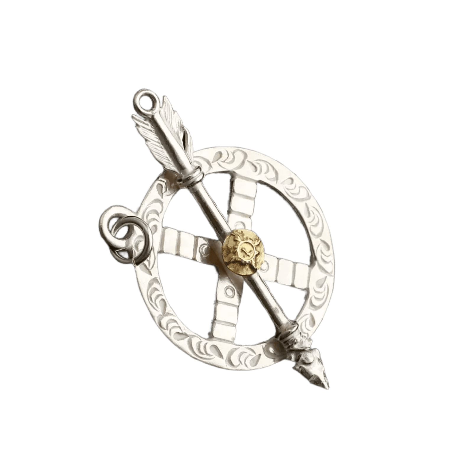 First Arrow&#39;s Medicine Wheel Metal Pendant with Arrow and K18 Sunburst Emblem