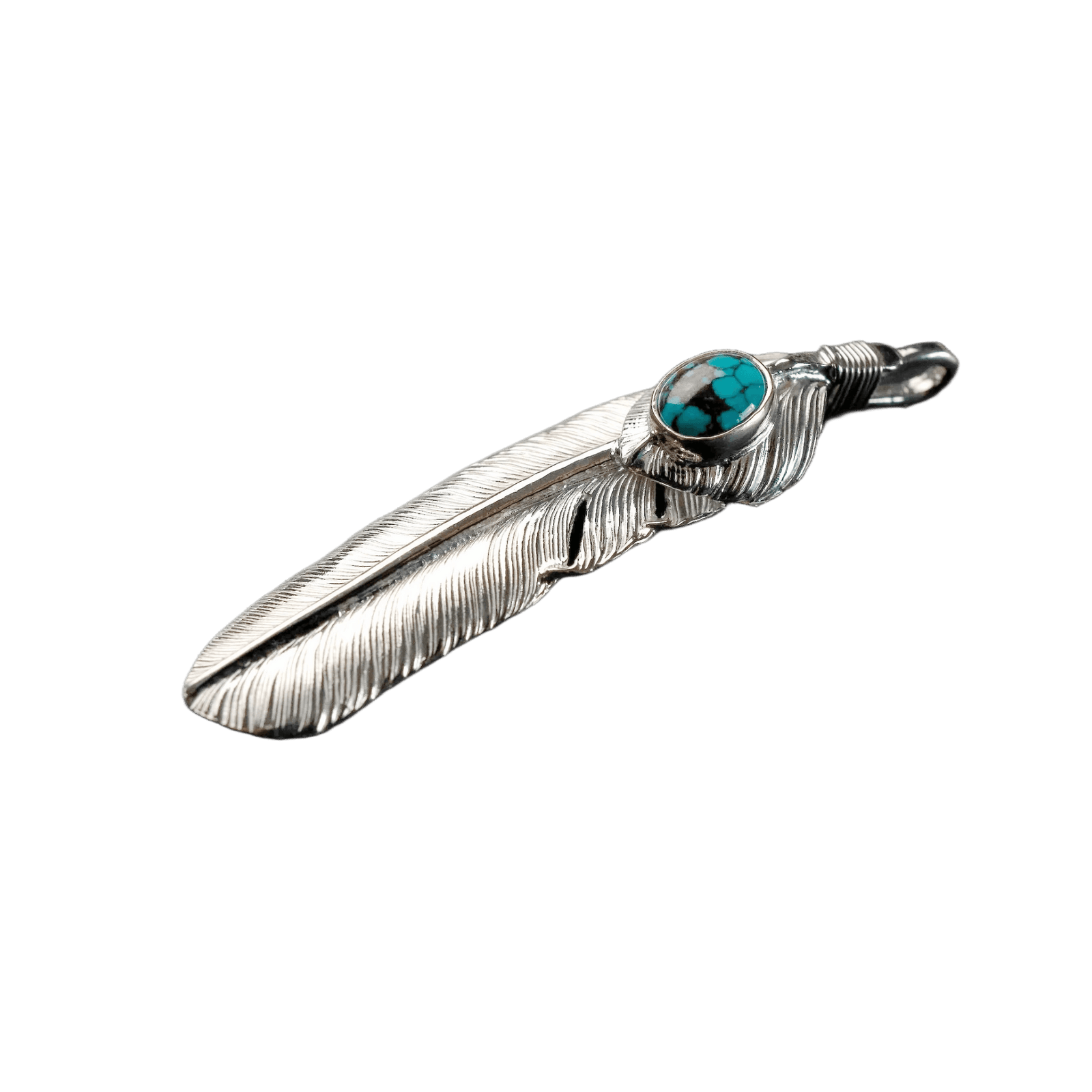 First Arrow&#39;s Large Feather Silver Pendant With Turquoise