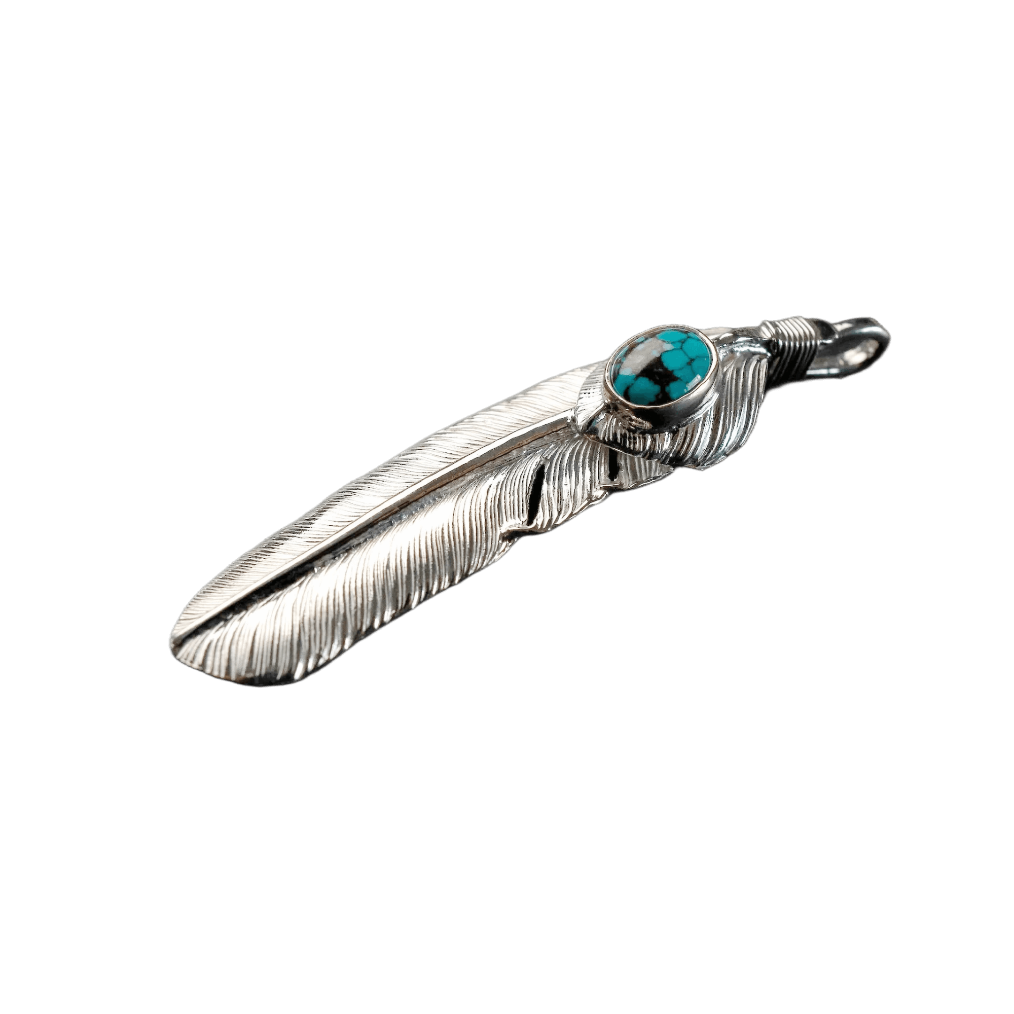 First Arrow&#39;s Large Feather Silver Pendant With Turquoise
