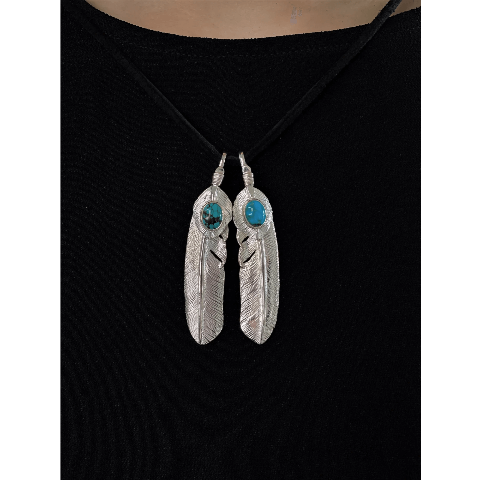 First Arrow&#39;s Large Feather Silver Pendant With Turquoise