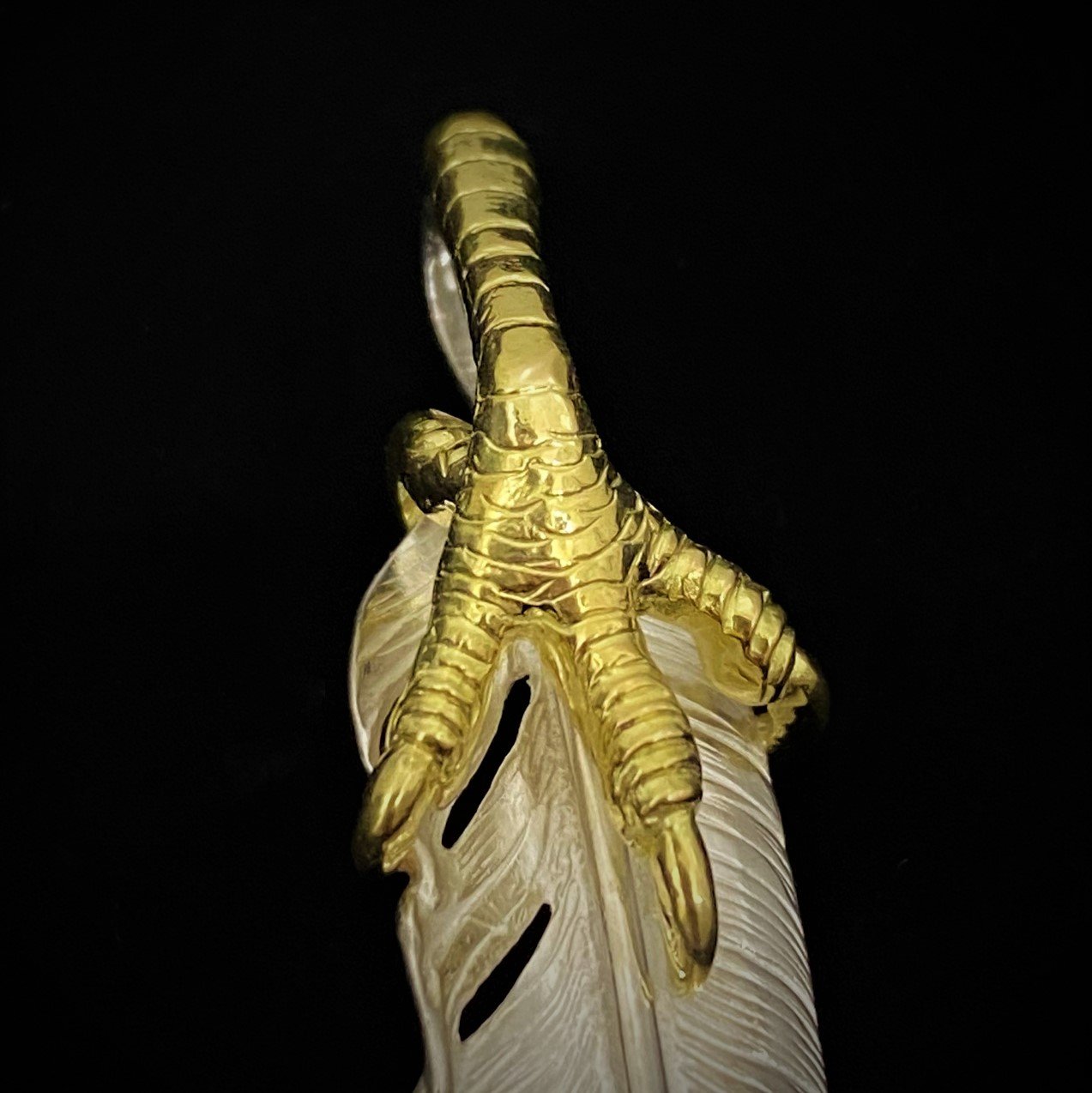 Oversized Gold Tip Feather with Gold claw - Facing Right | Goro&#39;s Feather Authorized Dealer