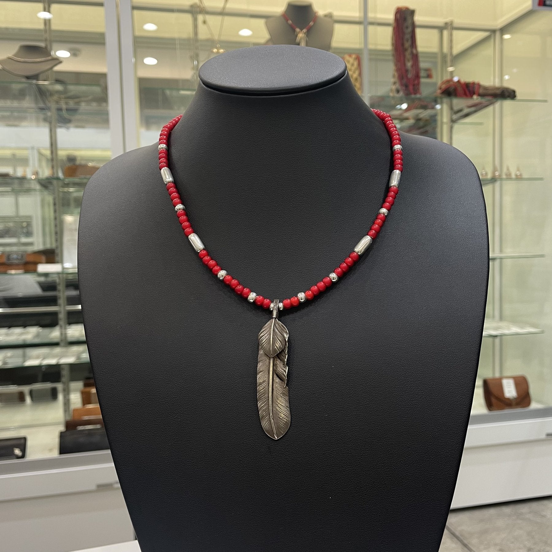 Goros Silver Top Feather (Left) (Xl) & Antique Red Beads Setup