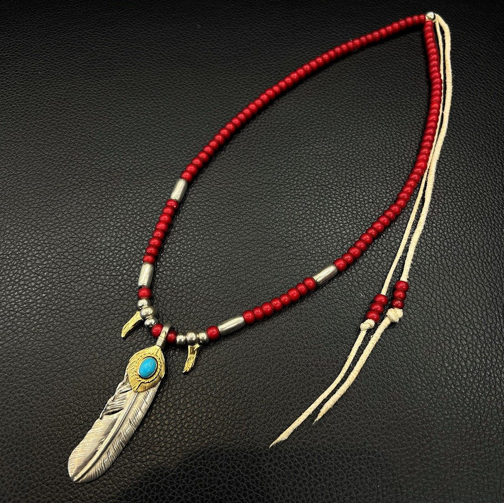 Goros Gold Top Gold Rope Turquoise Feather (Right) (XL) & Antique Red Beads Setup - 50 cm