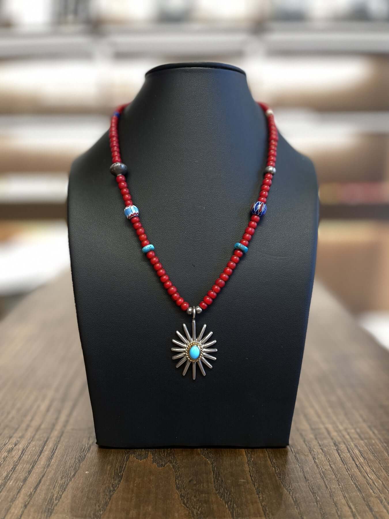 Goros Gold Rope Turquoise Sea Urchin Antique Red Beads Setup