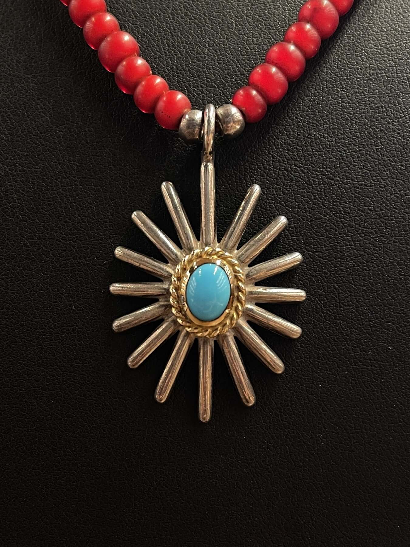 Goros Gold Rope Turquoise Sea Urchin Antique Red Beads Setup
