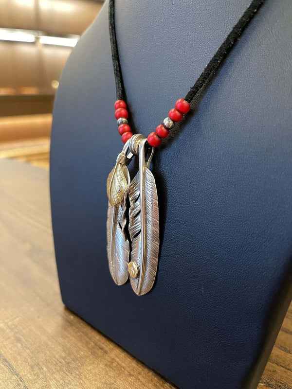 アクセサリー Japanese Leather Stone Feather Necklace Japan Takahashi Goro Silver Feather Leather Necklace Right