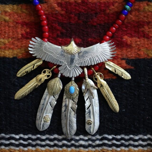 Eagle with Gold, Turquoise, and Silver Feather Setup | Goros Authorized Dealer