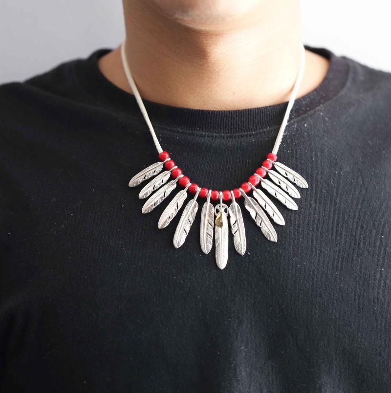 Silver Feathers and Red Beads Setup  | Goro&#39;s Native Feather Authorized Dealer
