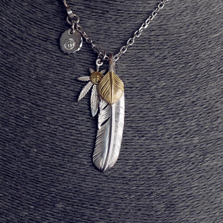 Gold Top Feather, Grass with 18K Gold, and Silver in Sun Metal Setup | Goro&#39;s Native Feather Authorized Dealer