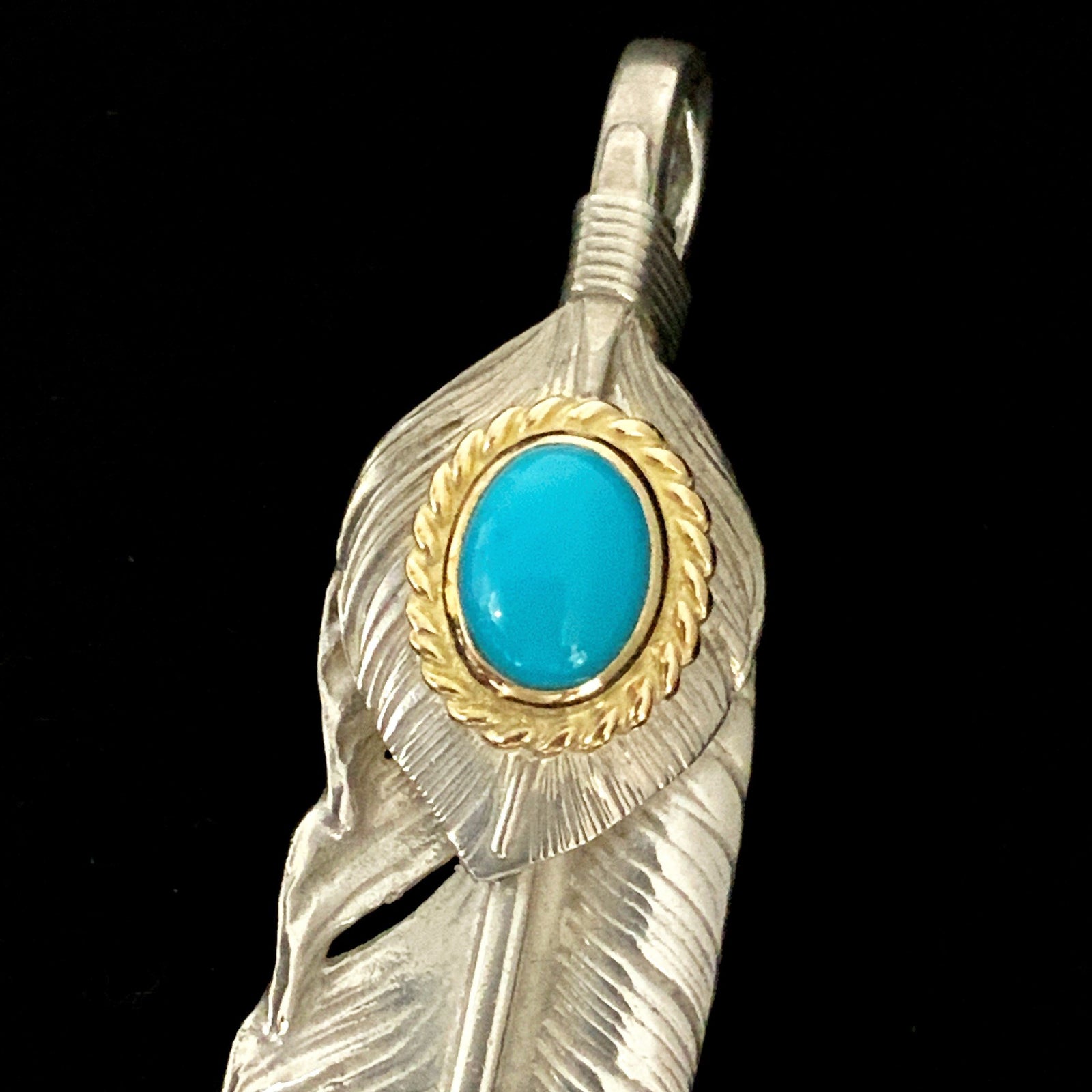 Turquoise Feather Silver Gold Rope - Facing Right | Goro&#39;s Feather Authorized Dealer 