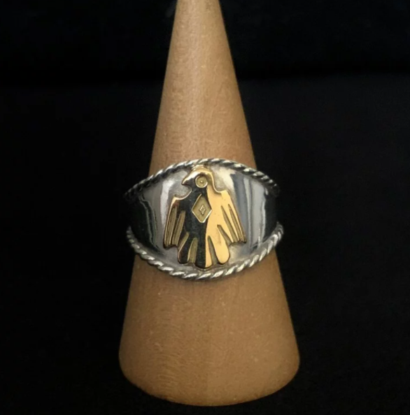 Rope Cornered Ring with Eagle - Silver and Gold | Goros Feather Authorized Dealer
