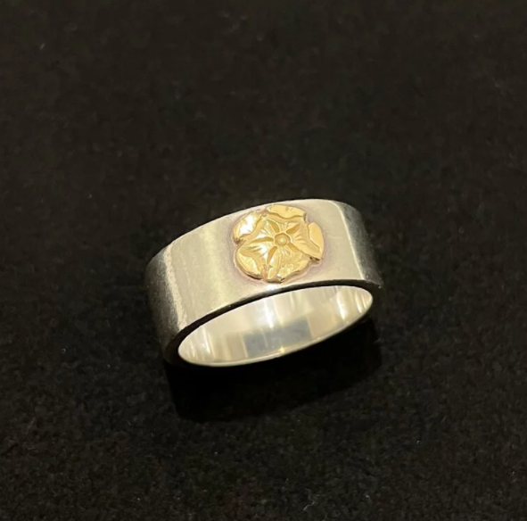 Flattened Rose Ring - Silver and Gold | Goro&#39;s Feather Authorized Dealer